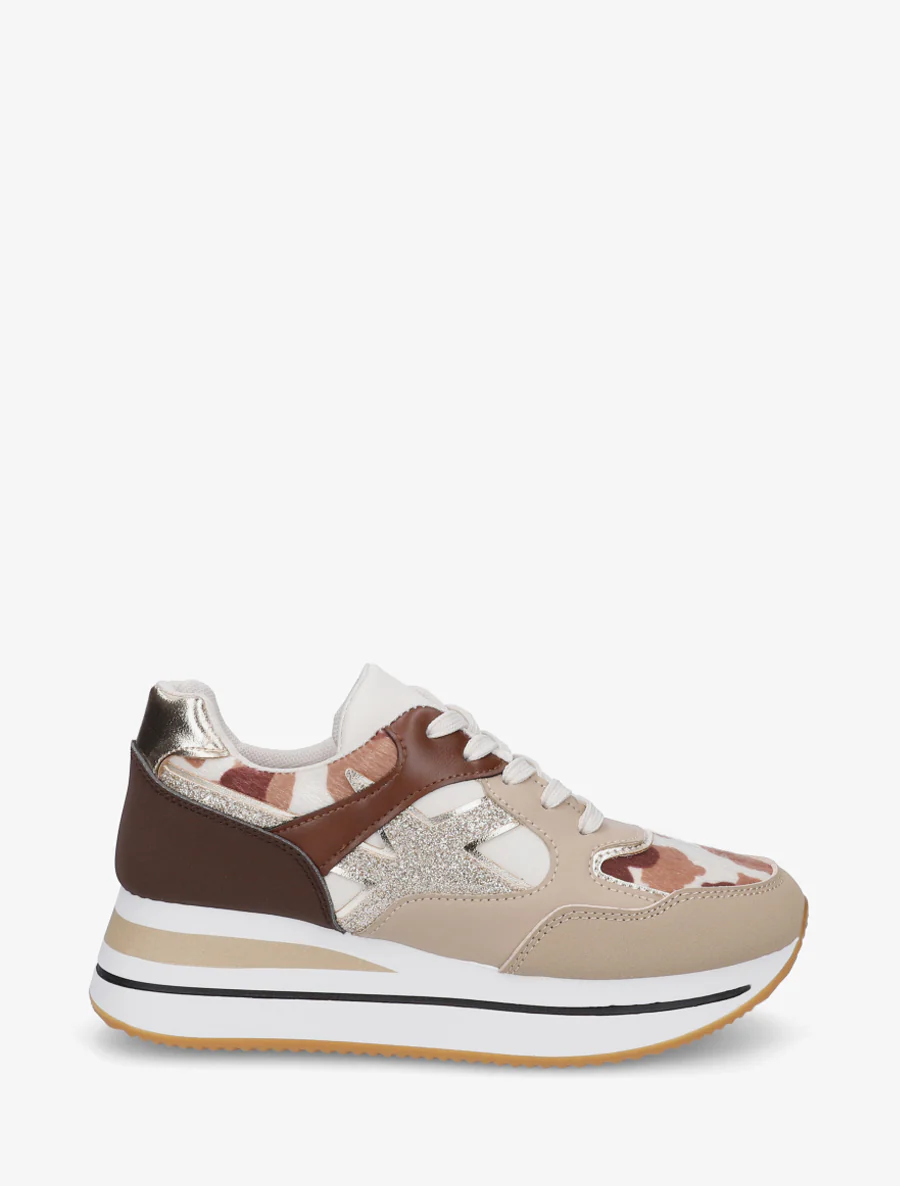 Glittersneakers met koeienprint - Bruin