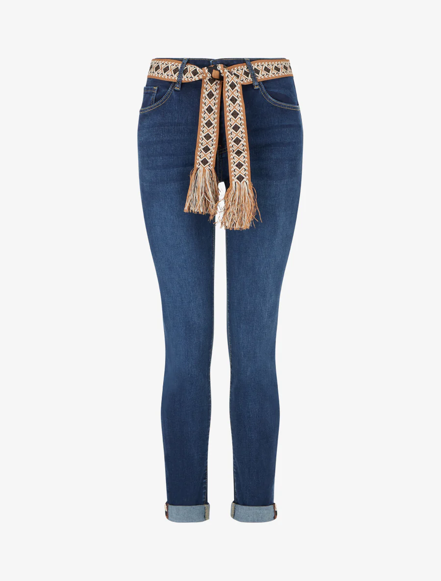 Grafische riem skinny jeans met zoomranden - Blauwe denim