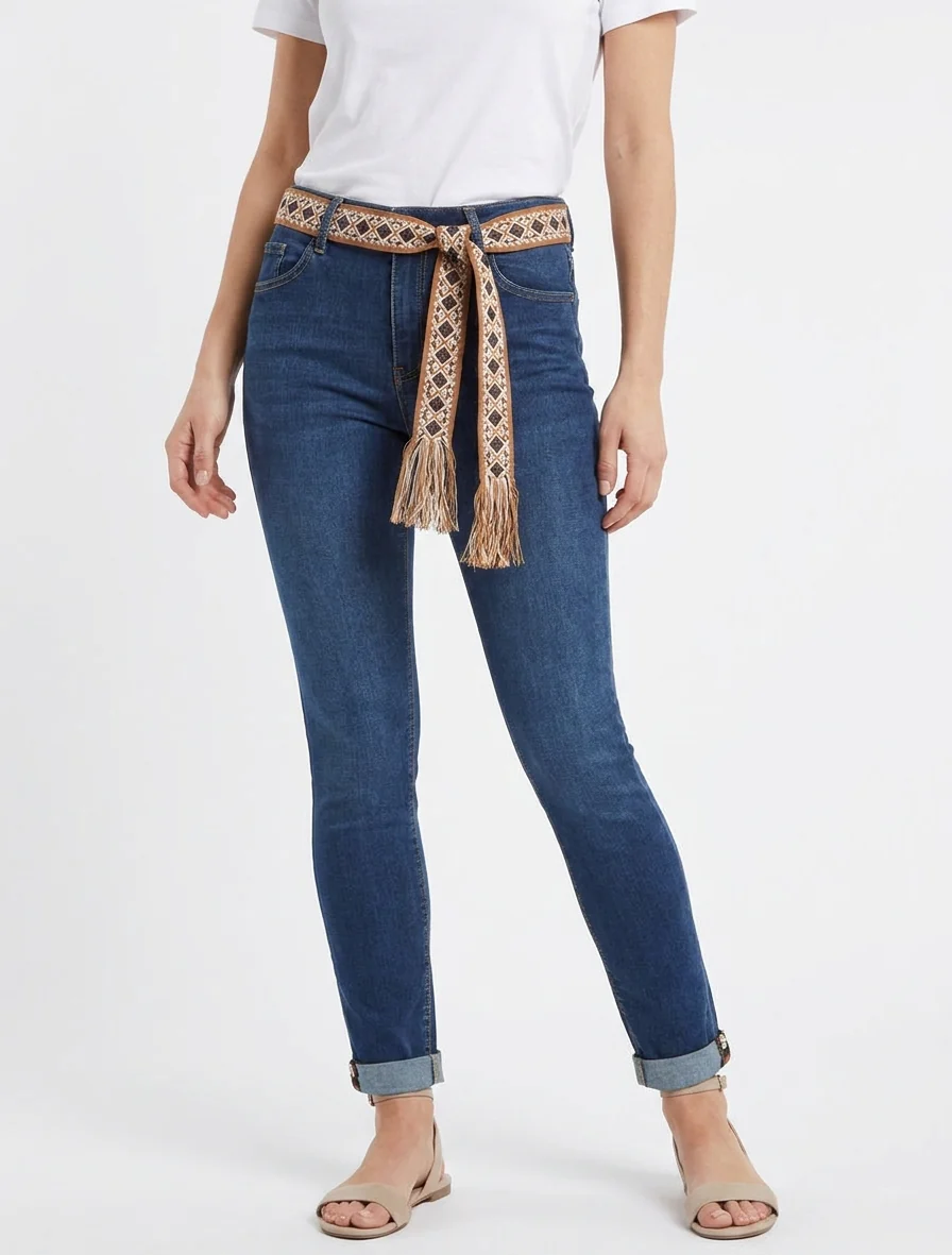Grafische riem skinny jeans met zoomranden - Blauwe denim - Image 4