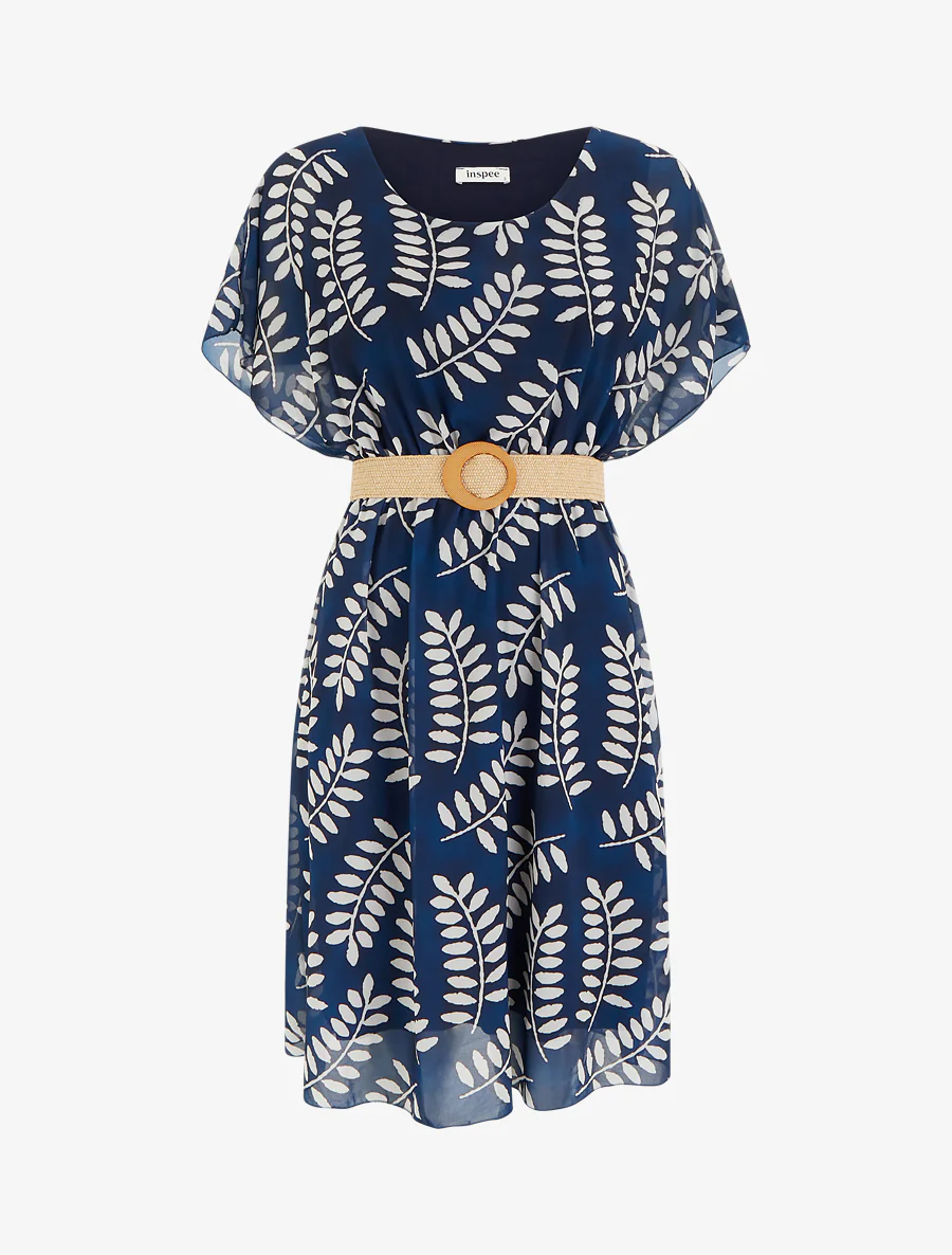 Half lange jurk met bladerenprint en korte mouwen - Marine