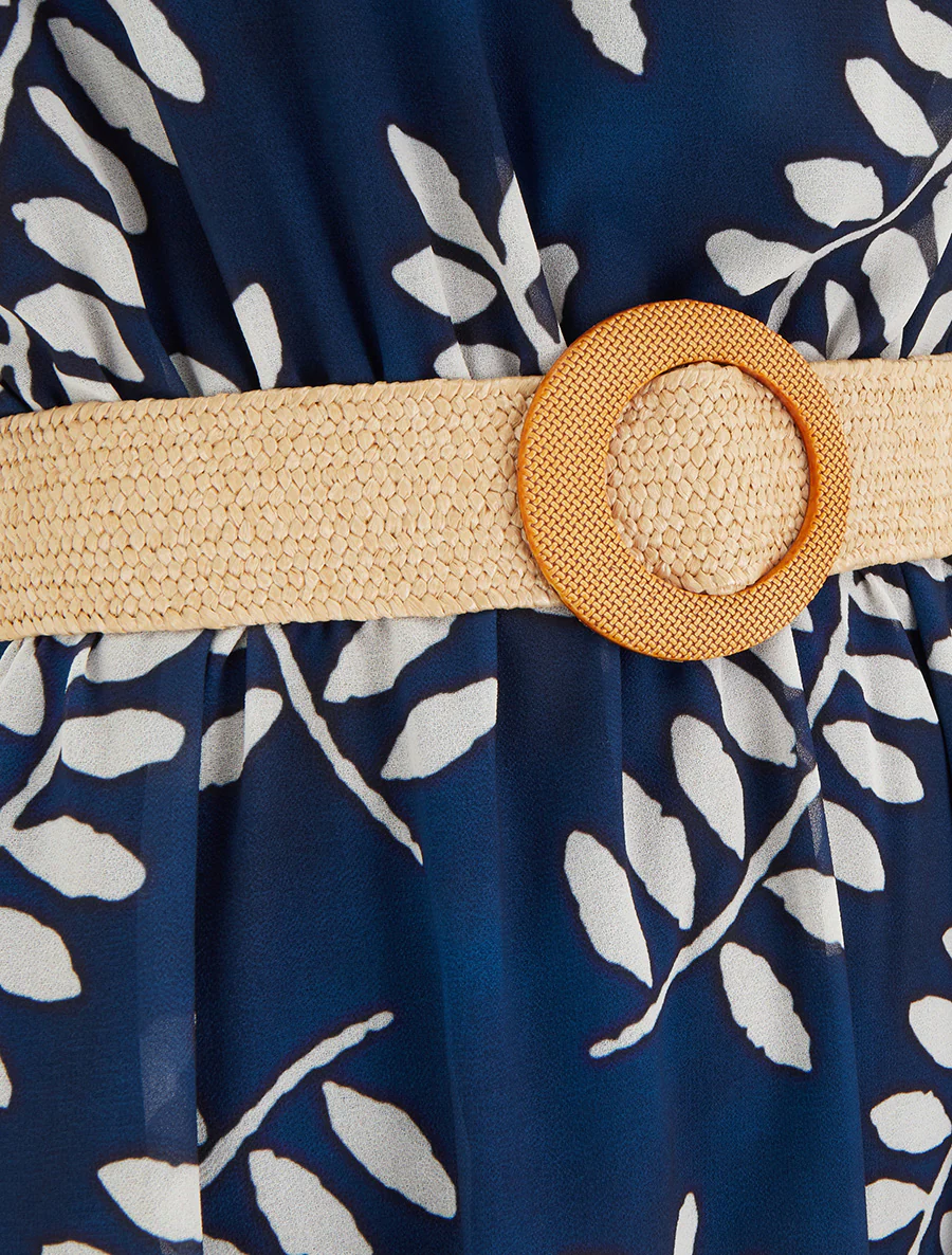 Half lange jurk met bladerenprint en korte mouwen - Marine - Image 3