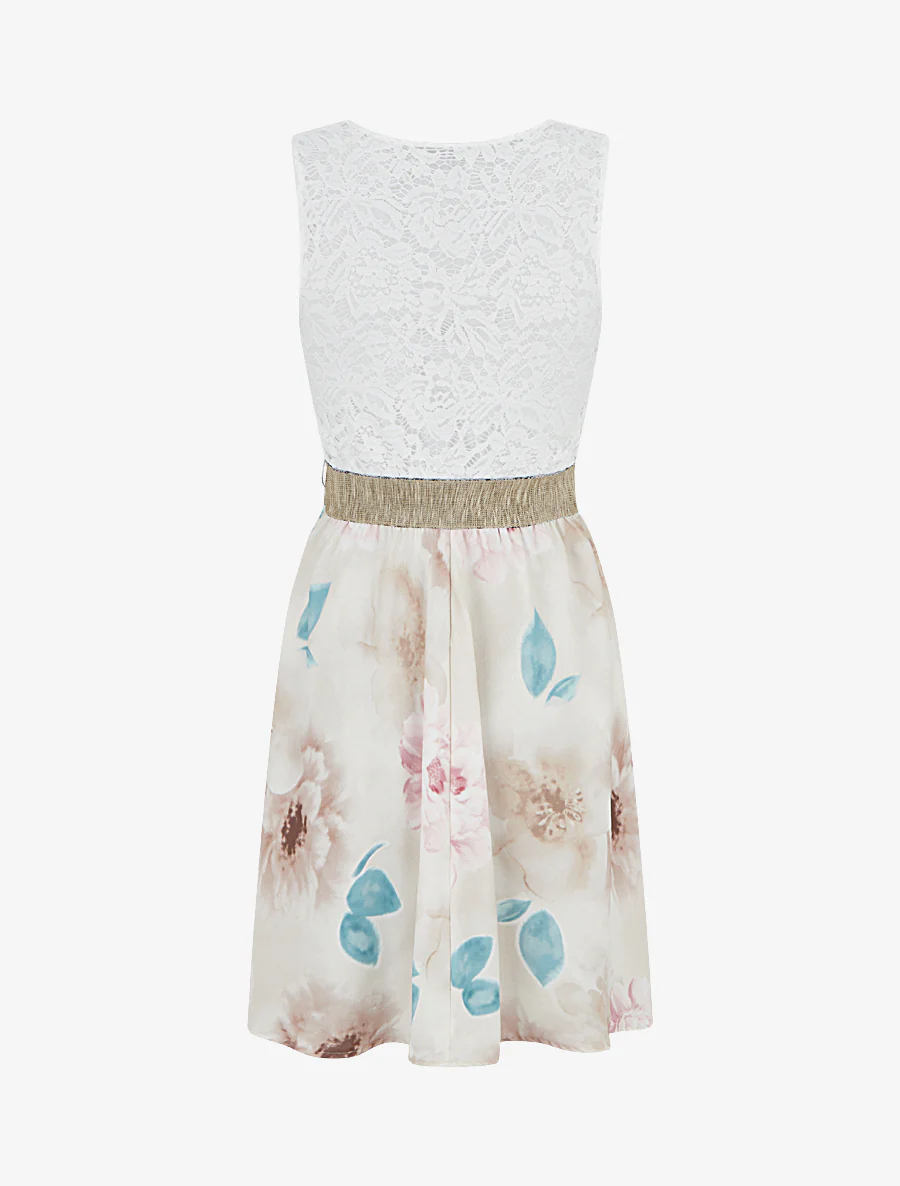 Half lange jurk met kant en aquarelprint - Beige - Image 2