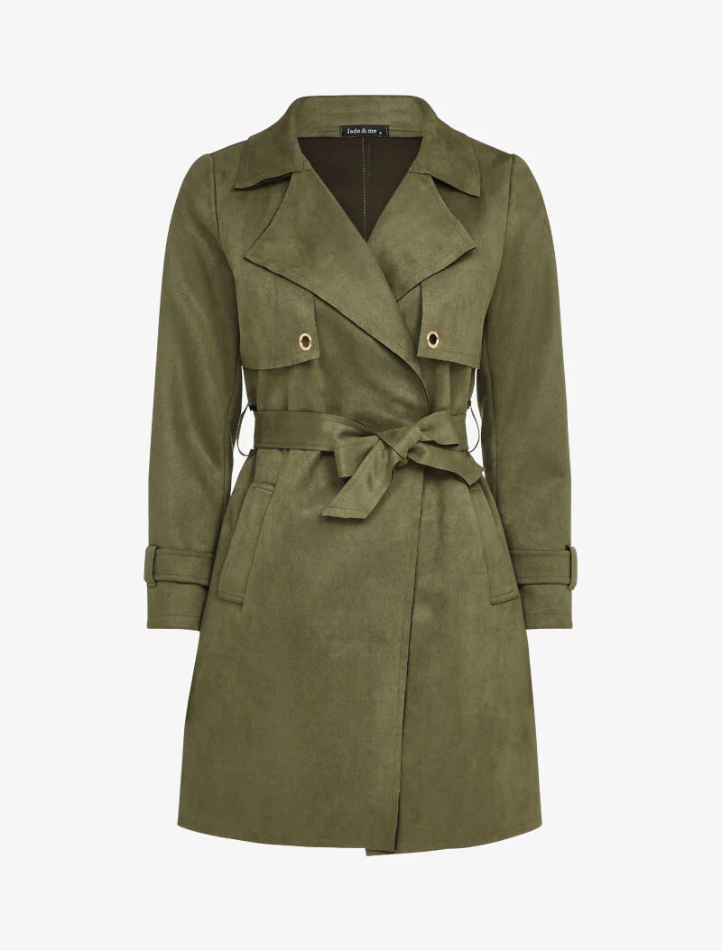 Halflange trenchcoat in suèdine met mouwen met riemdetails - Kaki