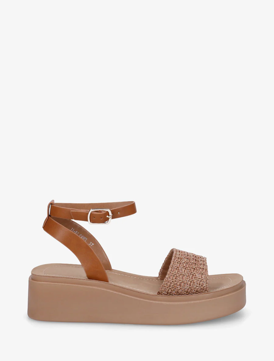 Halfhoge sleehaksandalen van gevlochten raffia - Kameel