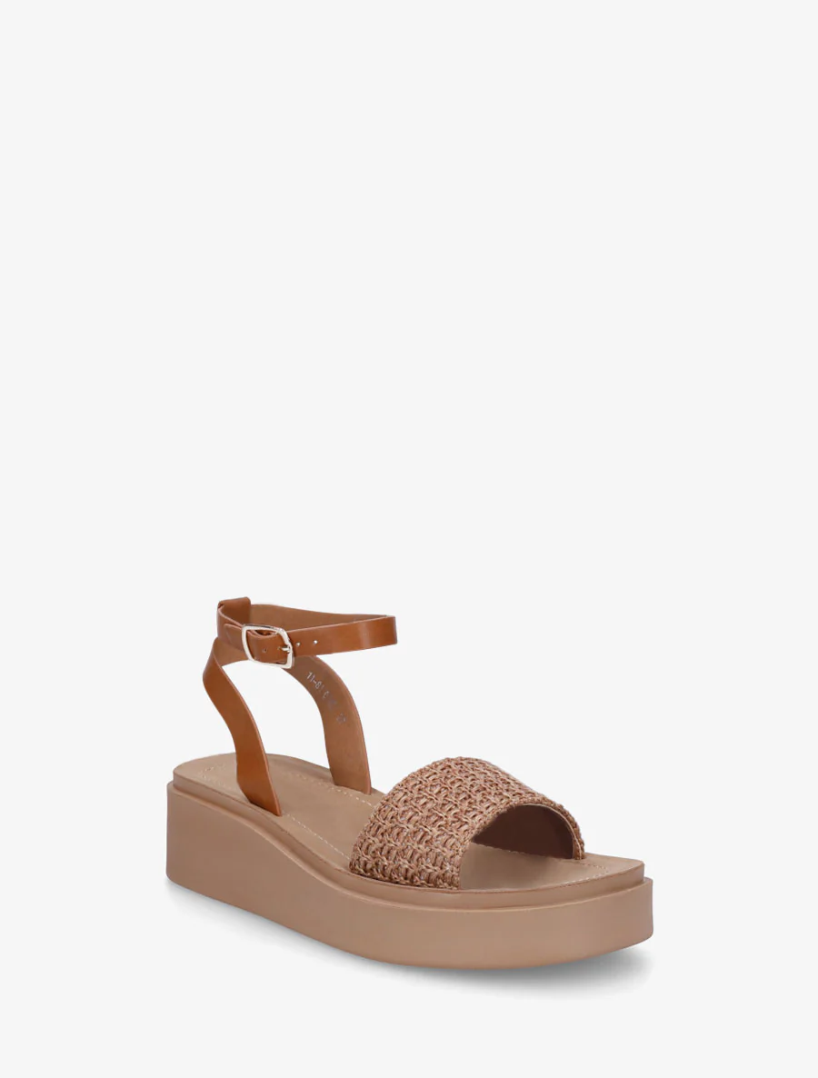 Halfhoge sleehaksandalen van gevlochten raffia - Kameel - Image 2