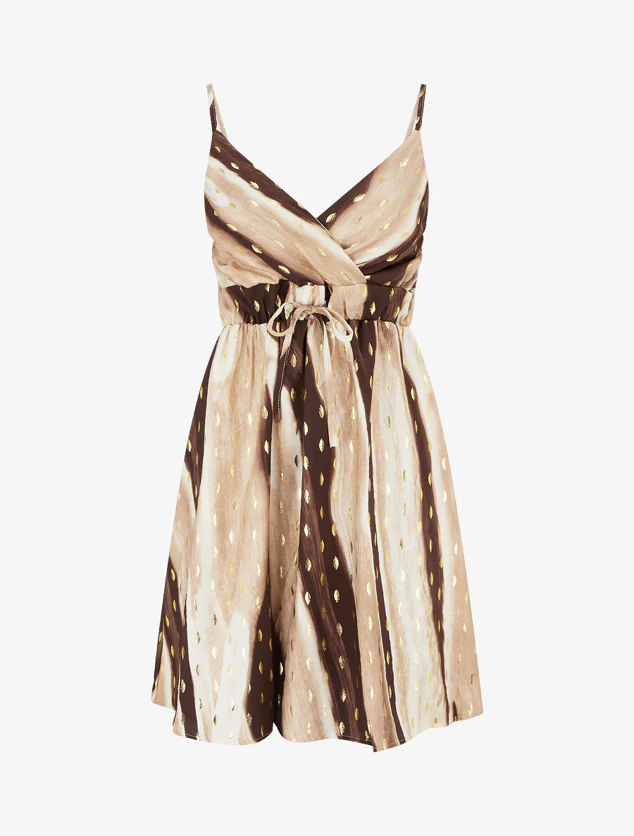 Halflange jurk met abstracte print en iriserend detail - Bruin