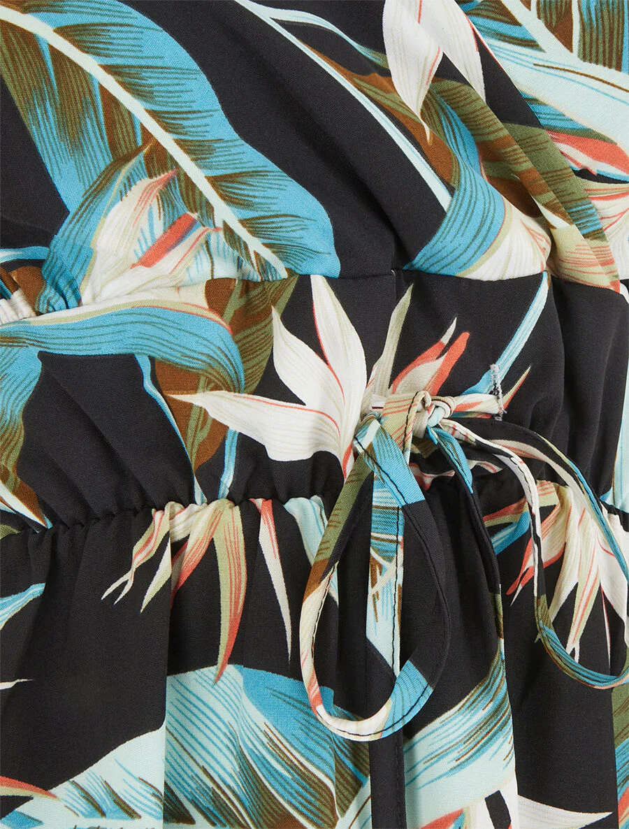 Halflange jurk met bladerenprint - Zwart - Image 3