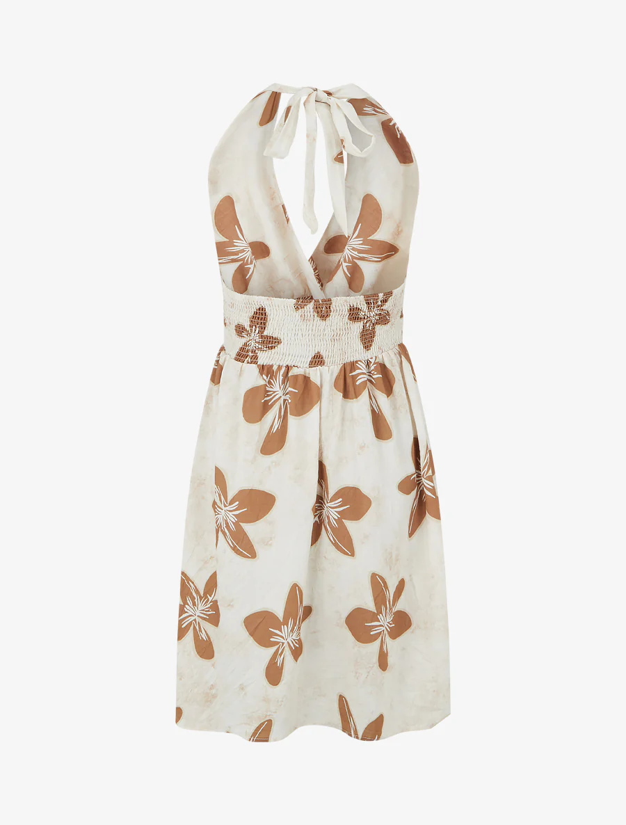 Halflange jurk met blote rug en grote bloemenprint - Terracotta - Image 2