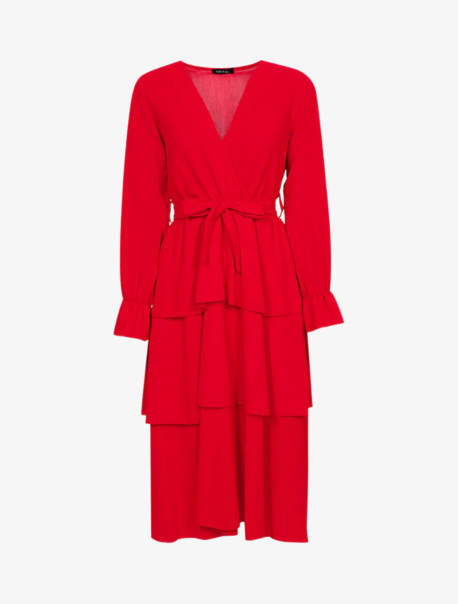 Halflange jurk met ruches - Rood