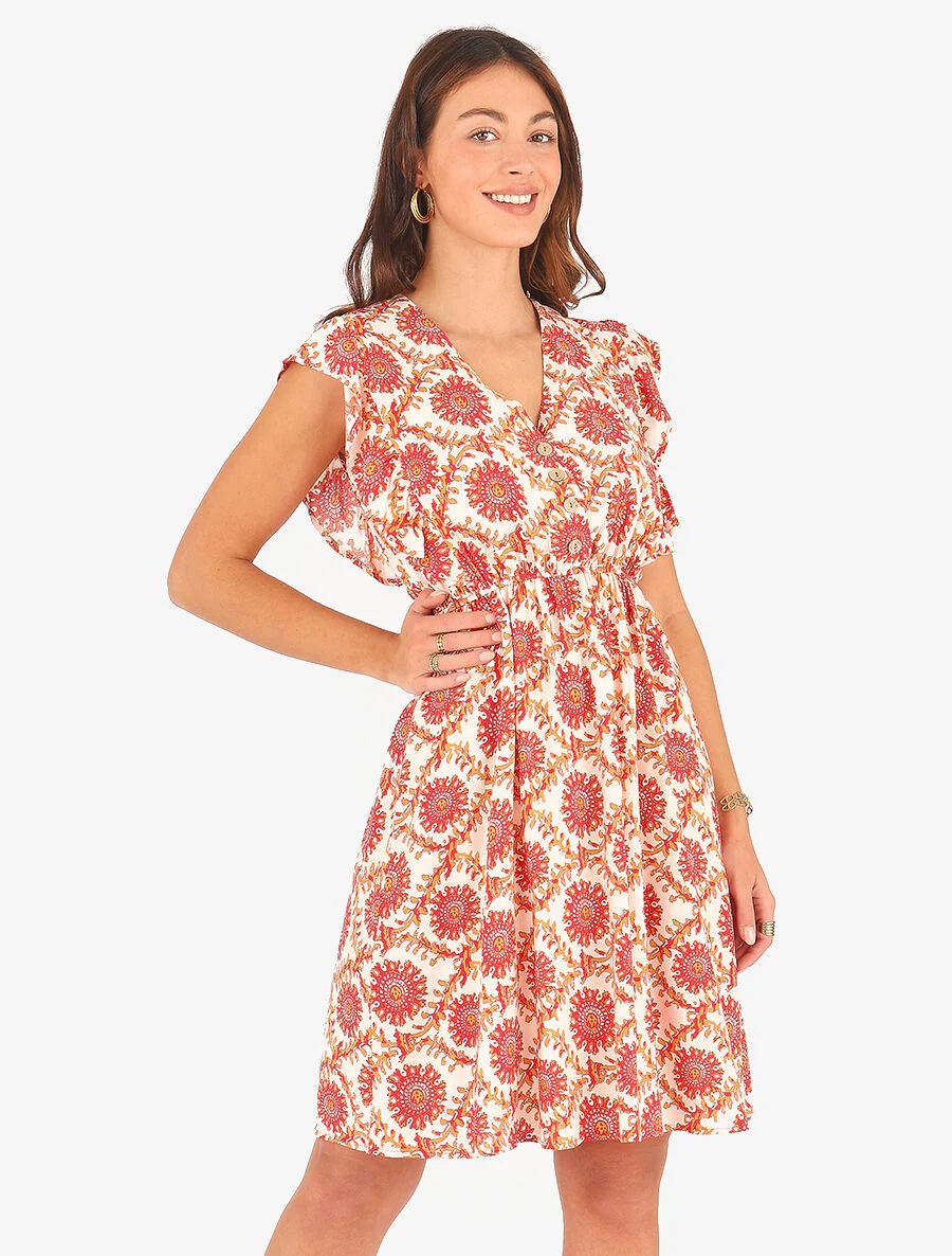 Halflange jurk met sjaalprint en trekkoorden - Rood - Image 4