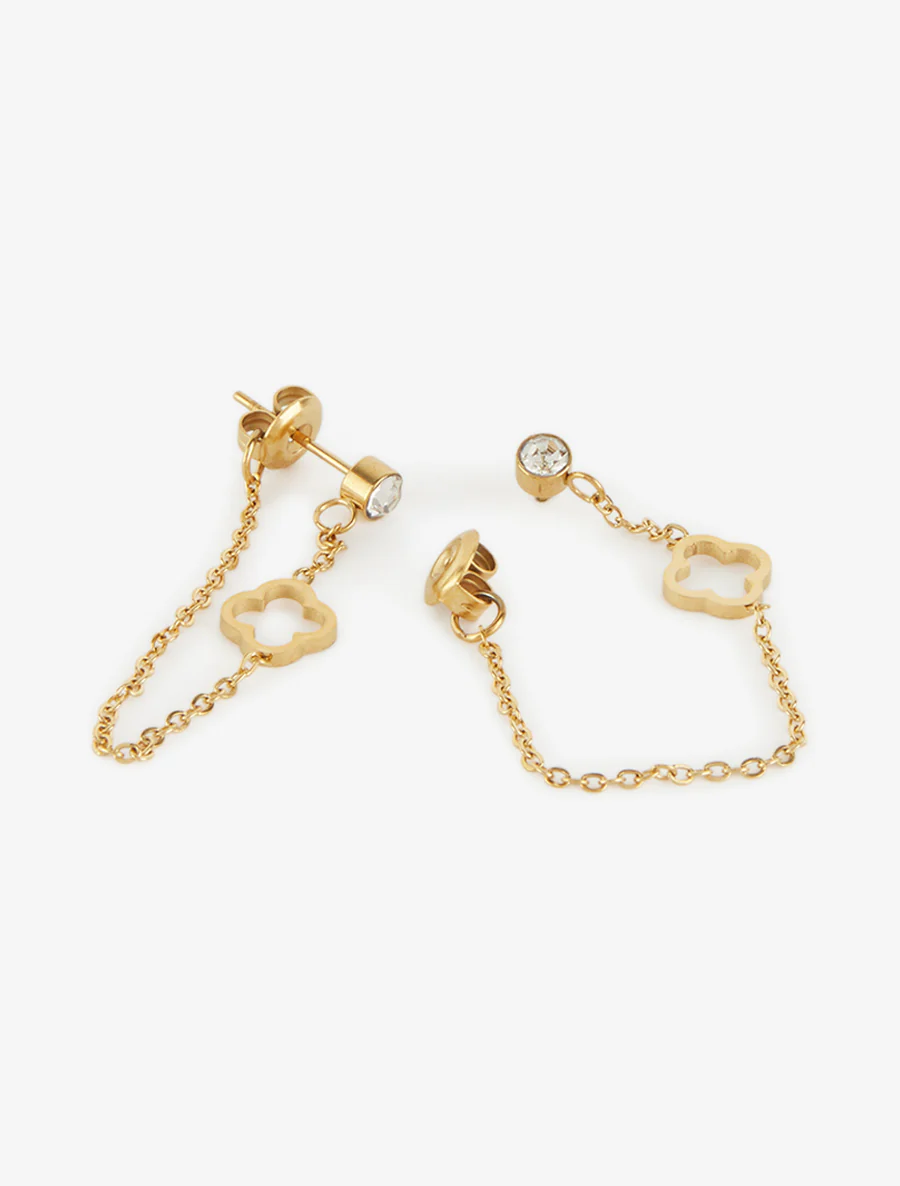 Hangende oorbellen met fijne ketting en klaver. - Goud - Image 3