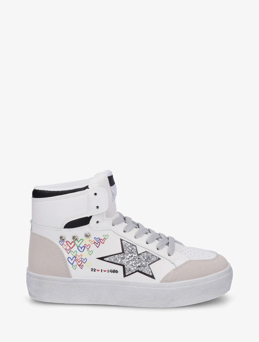 Hoge sneakers met flock en hartjesprint - Grijs