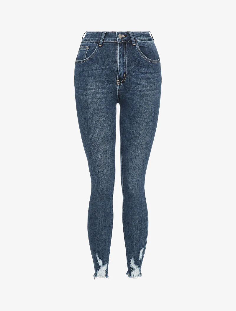 Hoge taille jeans met gescheurde randen - Blauw denim