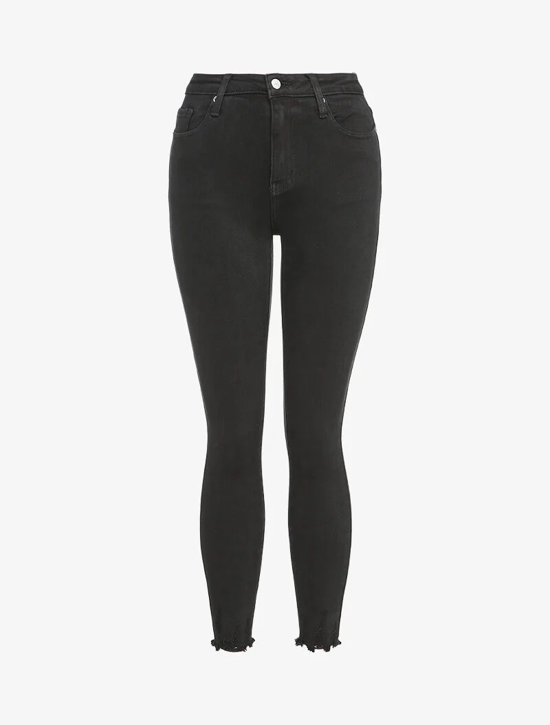Skinny jeans met hoge taille en onafgewerkte zoom - Zwart