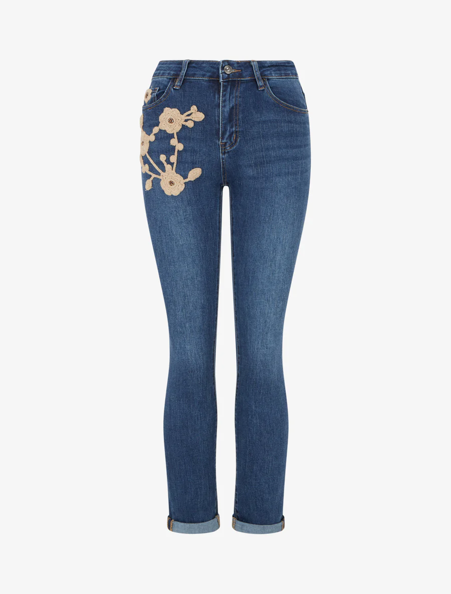 Jean met bloemenborduursel en slim fit. - Blauwe denim