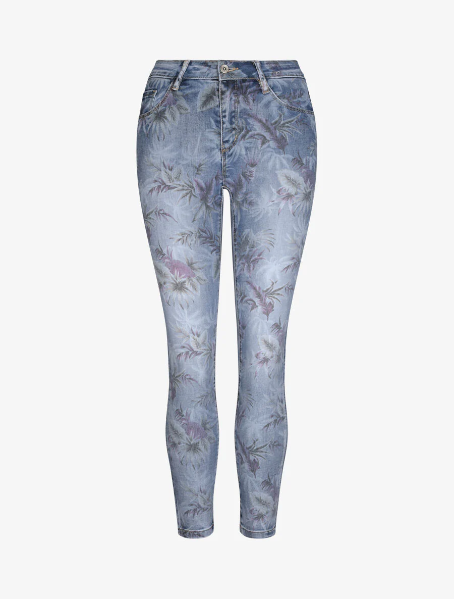 Jean met bloemenprint - Blauw denim