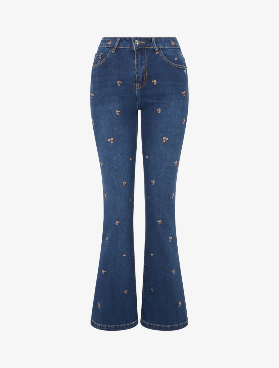 Jean met kleine geborduurde bloemen, flare pasvorm - Blauwe denim