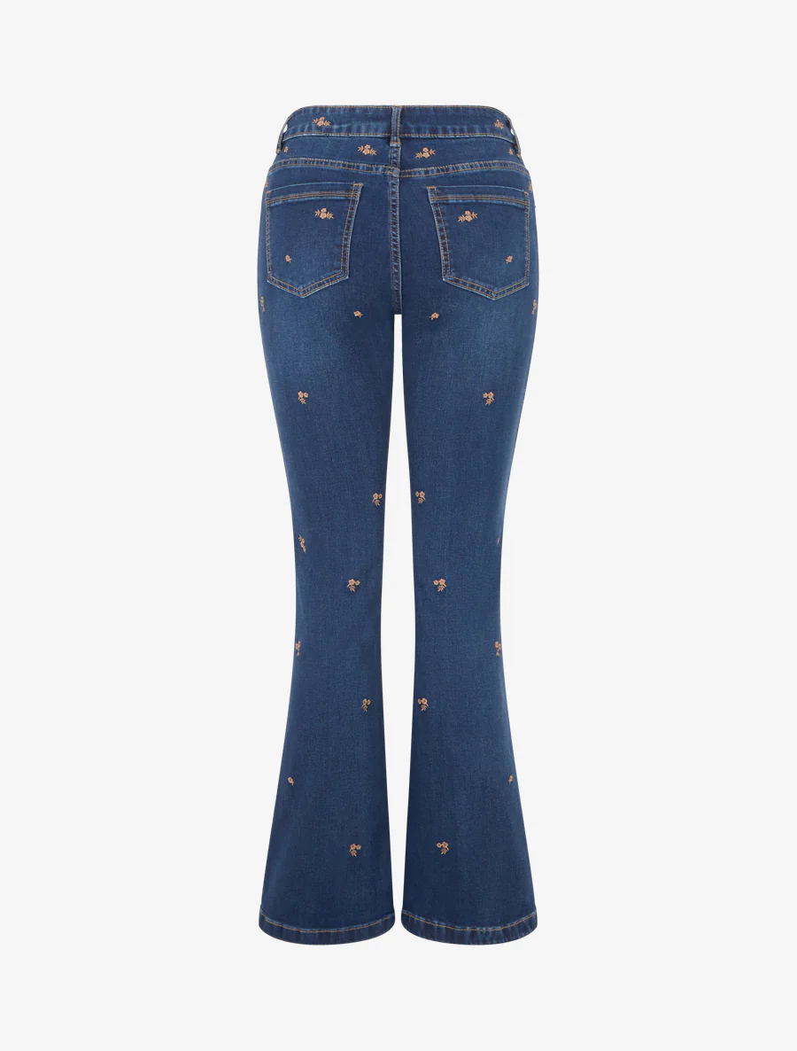 Jean met kleine geborduurde bloemen, flare pasvorm - Blauwe denim - Image 2