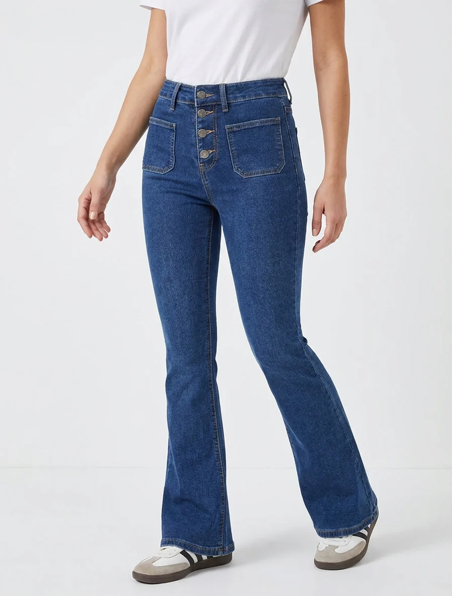 Jean met knoopsluiting en uitlopende pijpen - Blauwe denim - Image 4