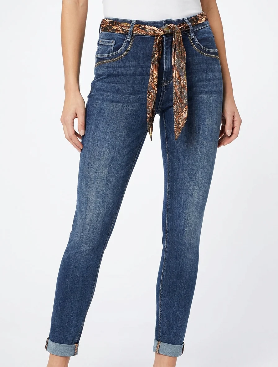 Jean met omgeslagen skinny pijpen. - Blauwe denim - Image 4