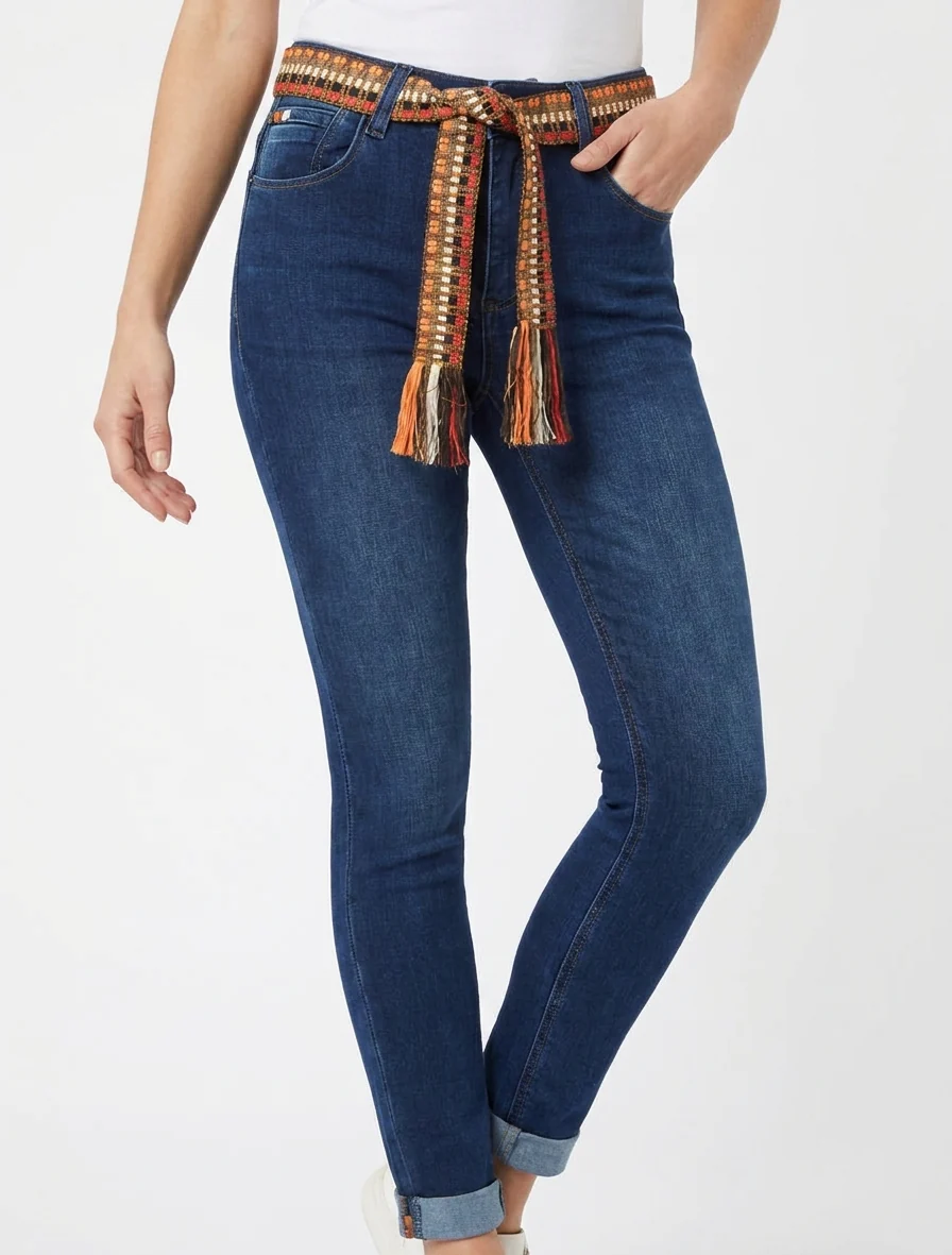 Jean met omgeslagen skinny pijpen. - Blauwe denim - Image 4