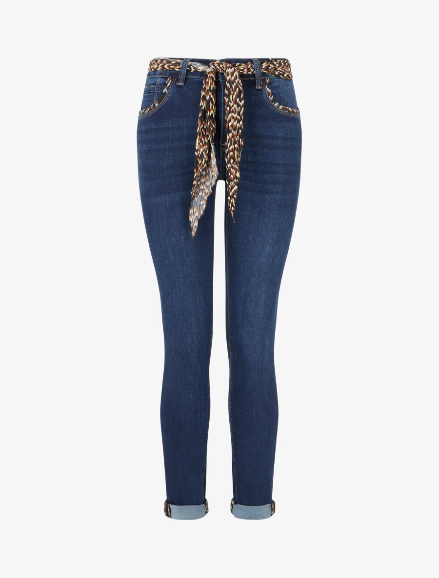 Jean met omgeslagen zoom en bedrukt detail, slim fit - Blauwe denim