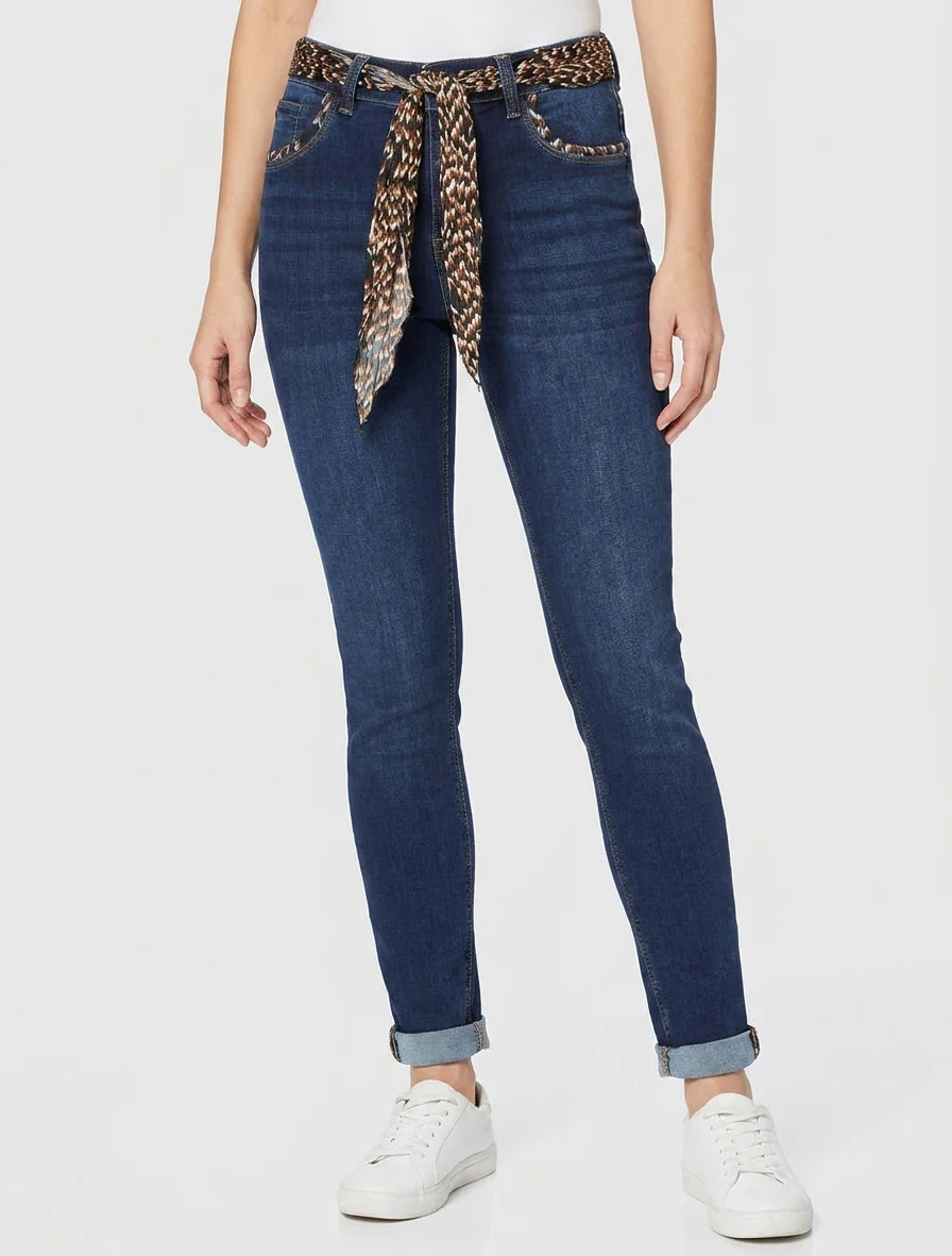 Jean met omgeslagen zoom en bedrukt detail, slim fit - Blauwe denim - Image 4