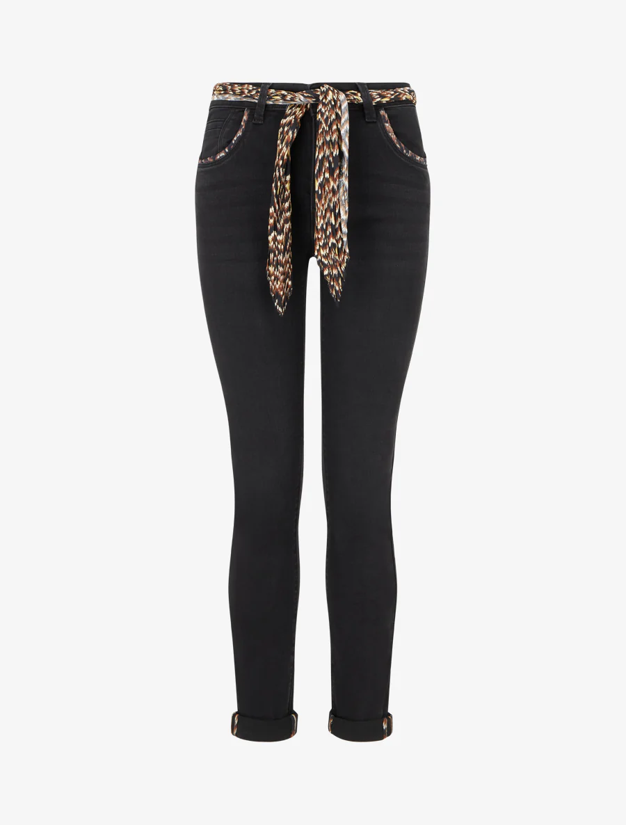 Jean met omgeslagen zoom en bedrukt detail, slim fit - Zwart