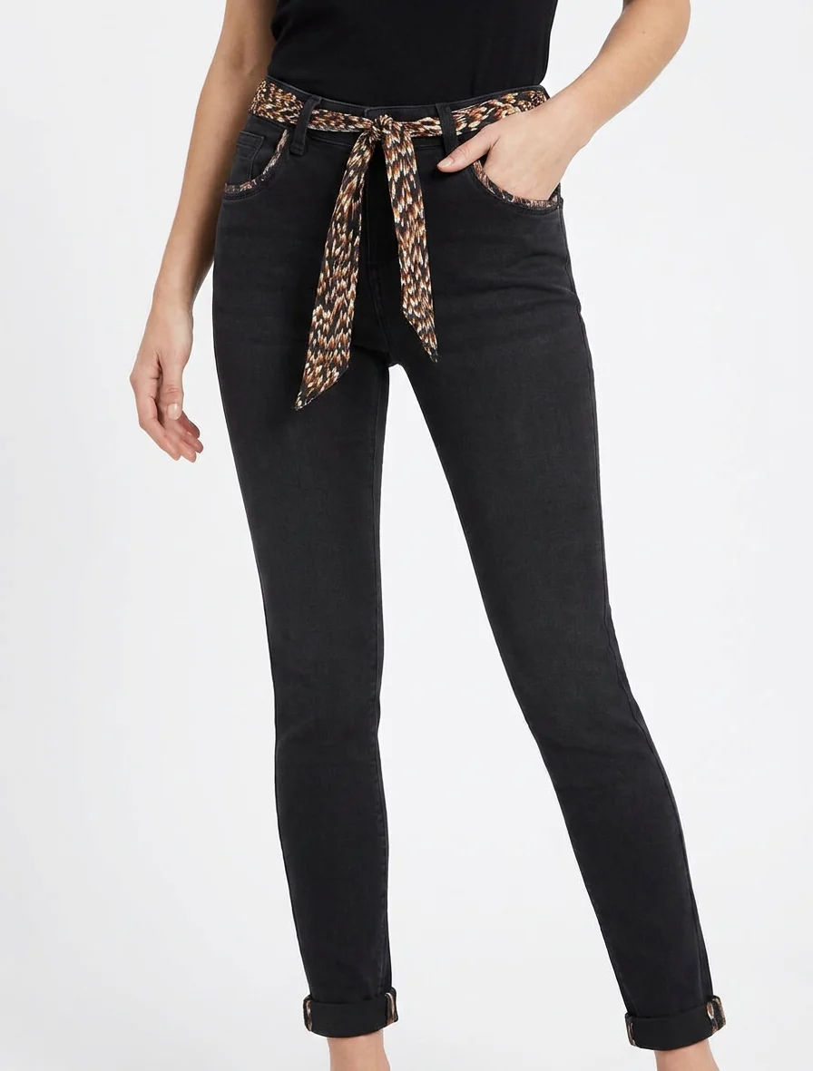 Jean met omgeslagen zoom en bedrukt detail, slim fit - Zwart - Image 4