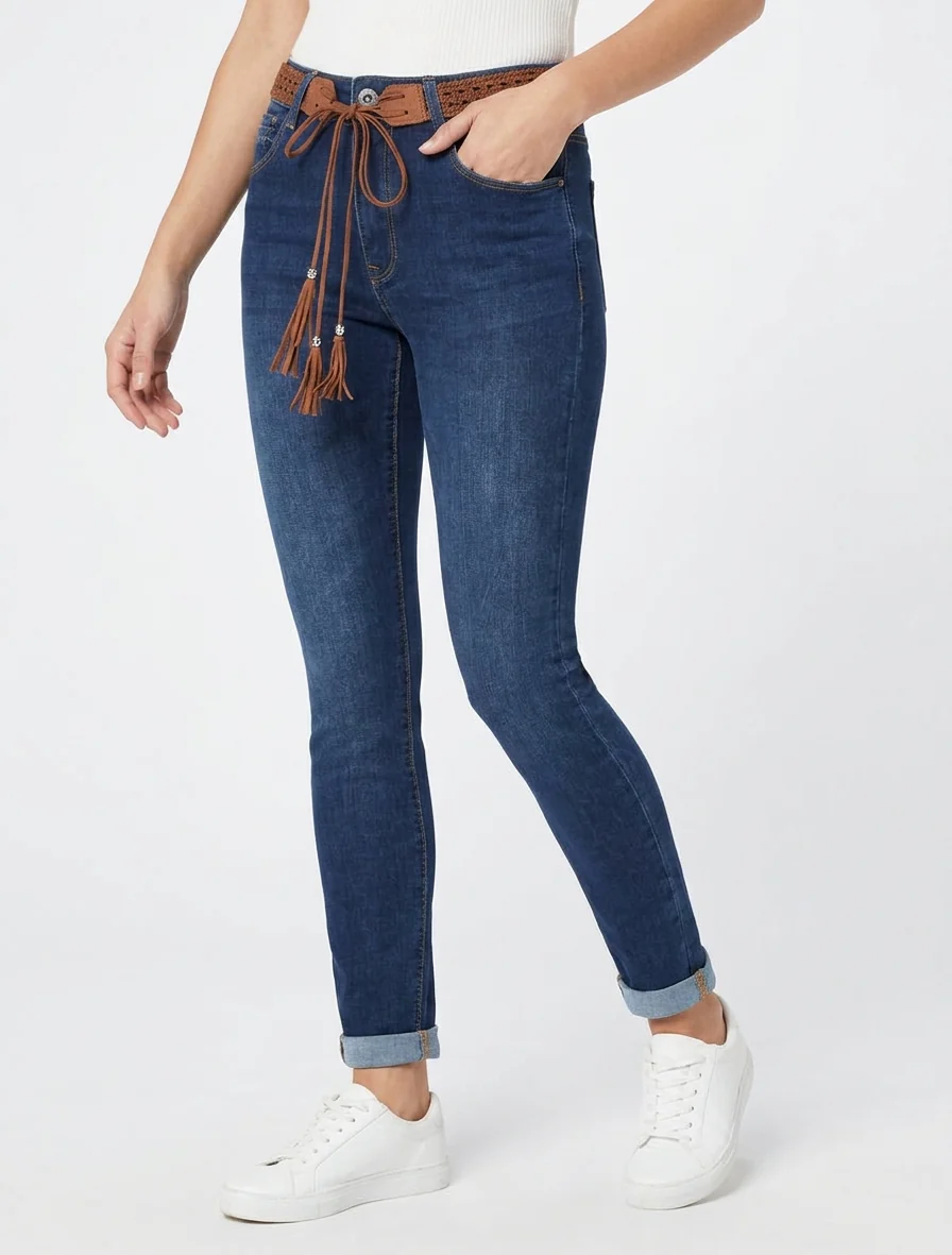 Jean met omslag en strikceintuur - Blauwe denim - Image 4