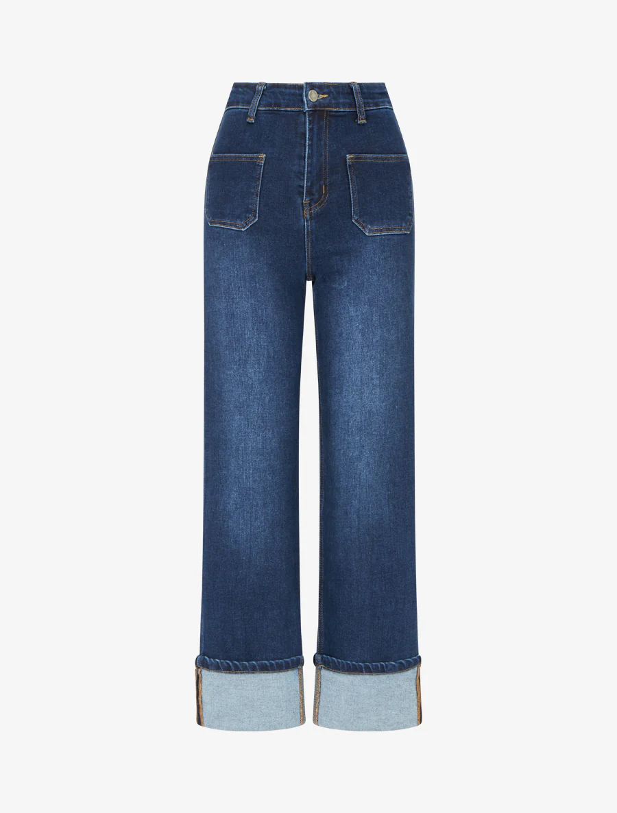 Jean met rechte pijpen en omgeslagen zoom - Blauw