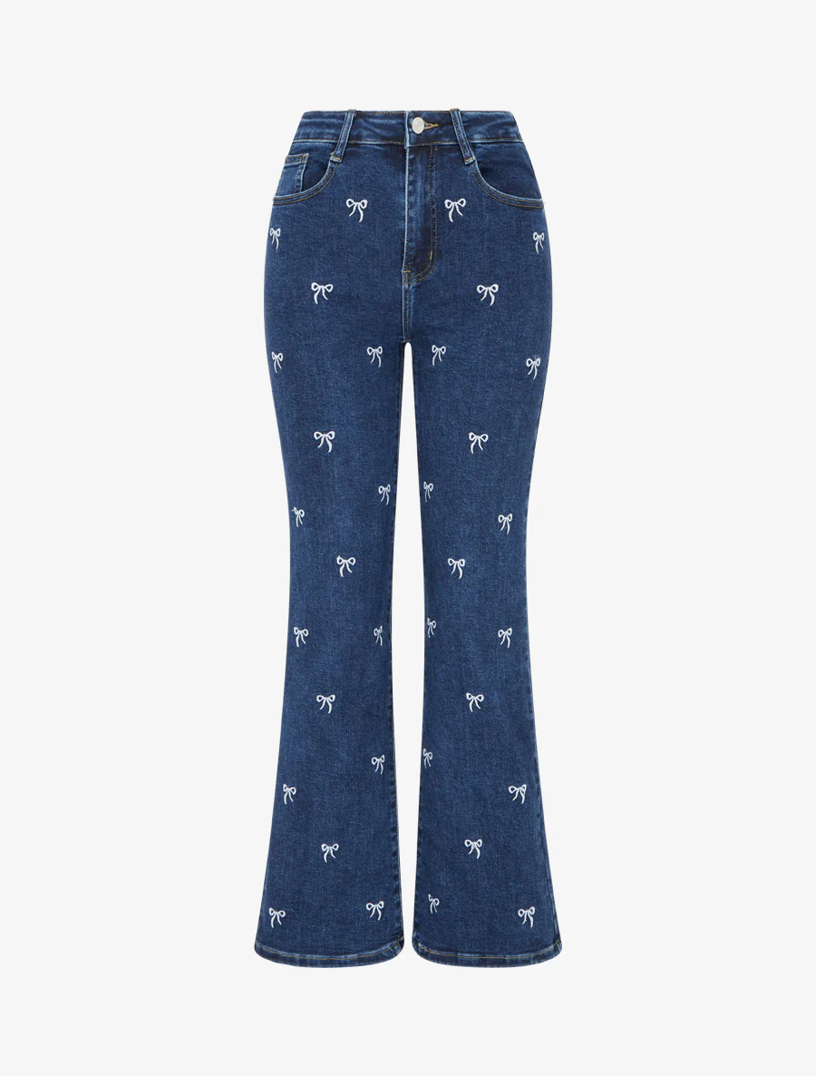Jean met wijde pijpen en borduursels met strikmotief - Blauw