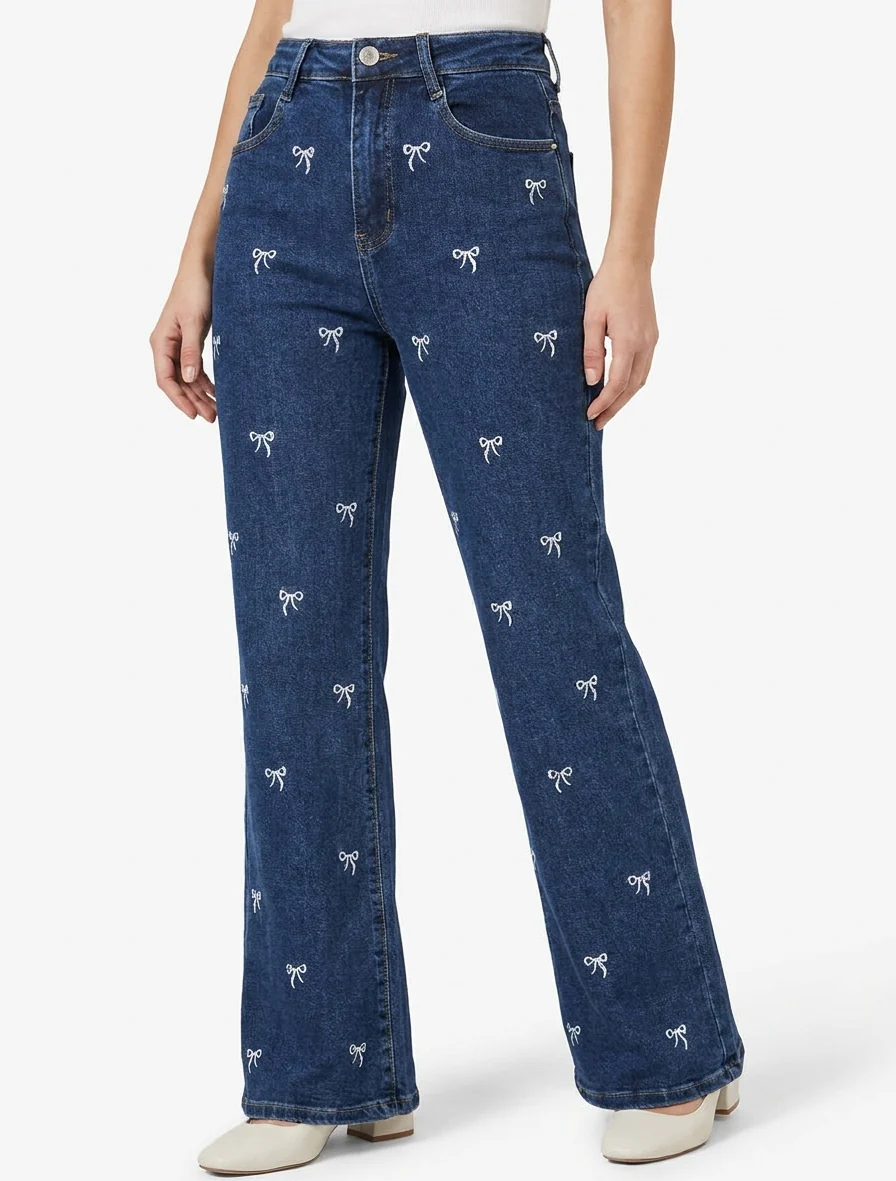 Jean met wijde pijpen en borduursels met strikmotief - Blauw - Image 4