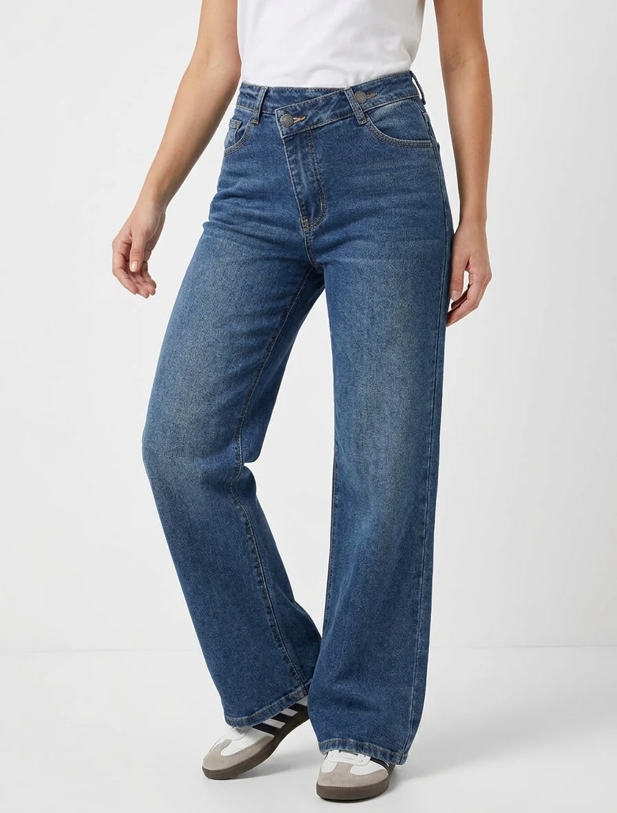 Jean met wijde pijpen en dubbele knoopsluiting - Blauwe denim - Image 4
