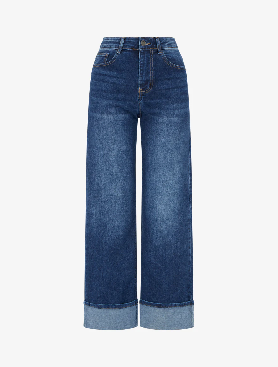 Jean met wijde pijpen en gewassen zoom - Blauwe denim