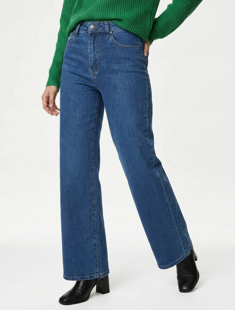 Jean met wijde pijpen en hoge taille, basic - Blauw - Image 4