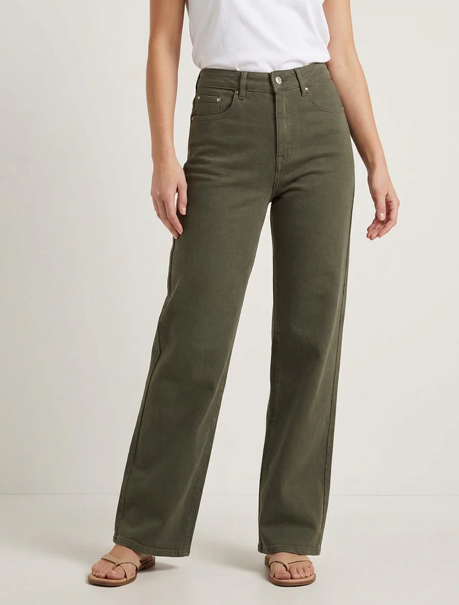 Jean met wijde pijpen en hoge taille in effen kleur - Kaki - Image 4