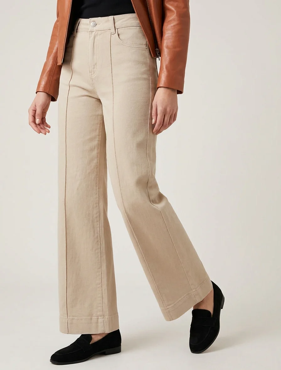 Jean met wijde pijpen en hoge taille met zichtbare naden - Beige - Image 4