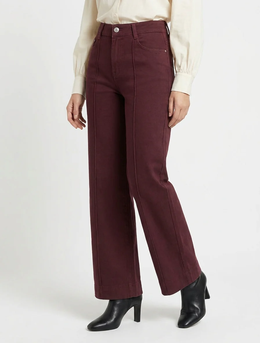 Jean met wijde pijpen en hoge taille met zichtbare naden - Bordeaux - Image 4