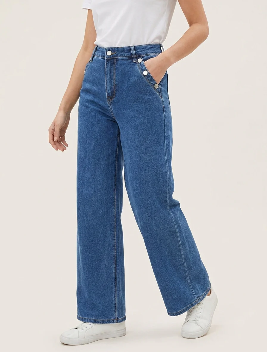 Jean met wijde pijpen en knoopzakken - Blauwe denim - Image 4