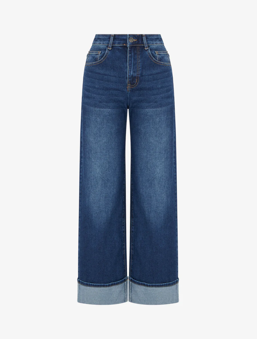 Jean met wijde pijpen en zoom - Blauwe denim