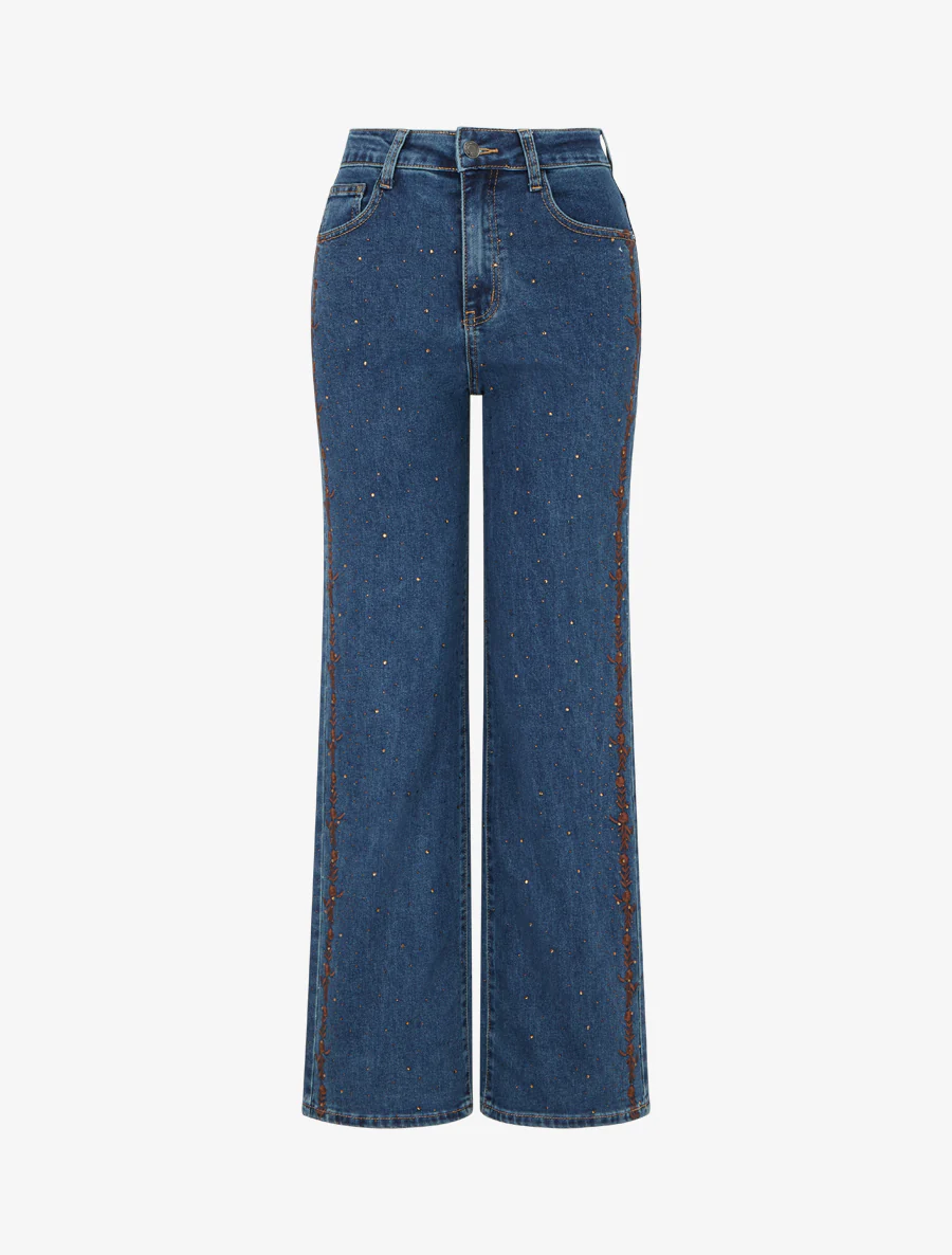 Jean met wijde pijpen met strass en bloemenborduursels - Blauwe denim