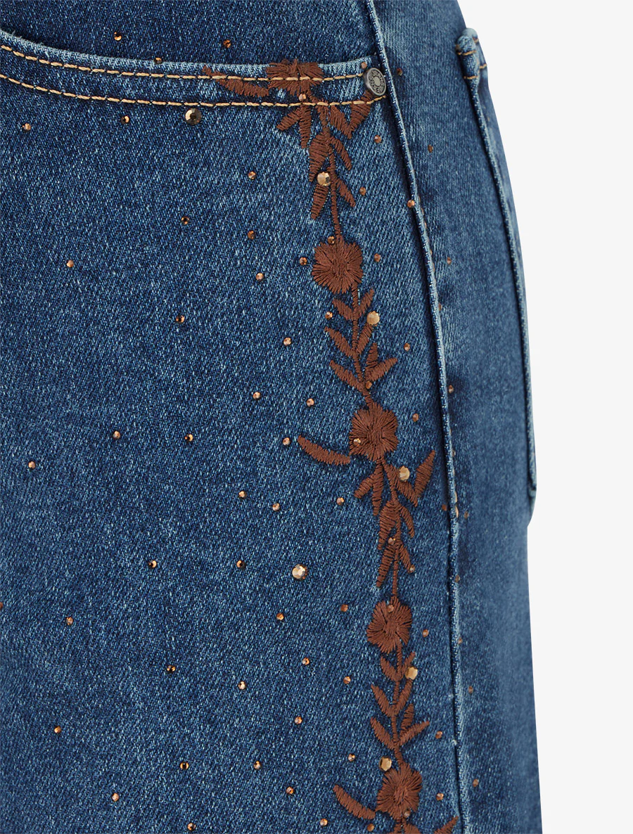 Jean met wijde pijpen met strass en bloemenborduursels - Blauwe denim - Image 3