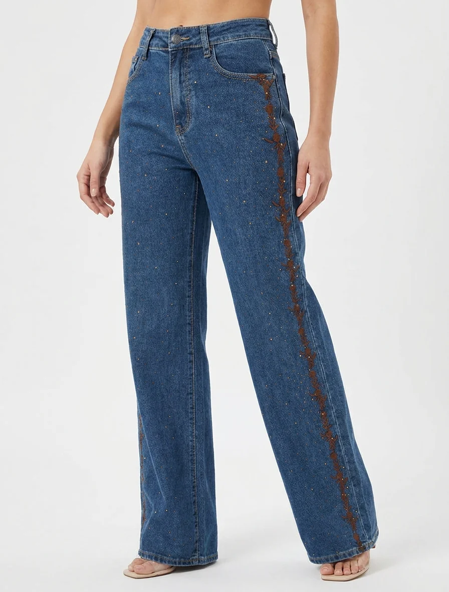 Jean met wijde pijpen met strass en bloemenborduursels - Blauwe denim - Image 4