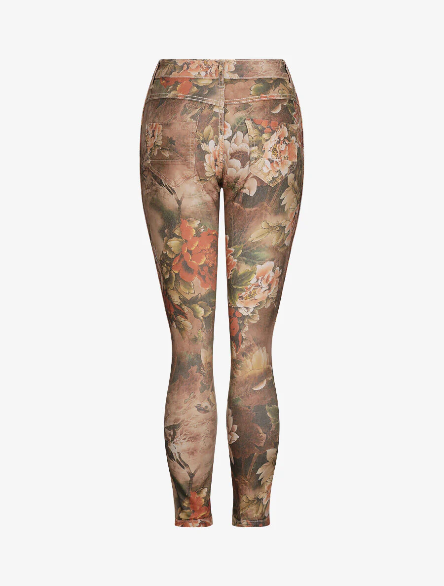 Jean reversibele slanke hoge taille gekreukt bloemenprint - Beige - Image 4