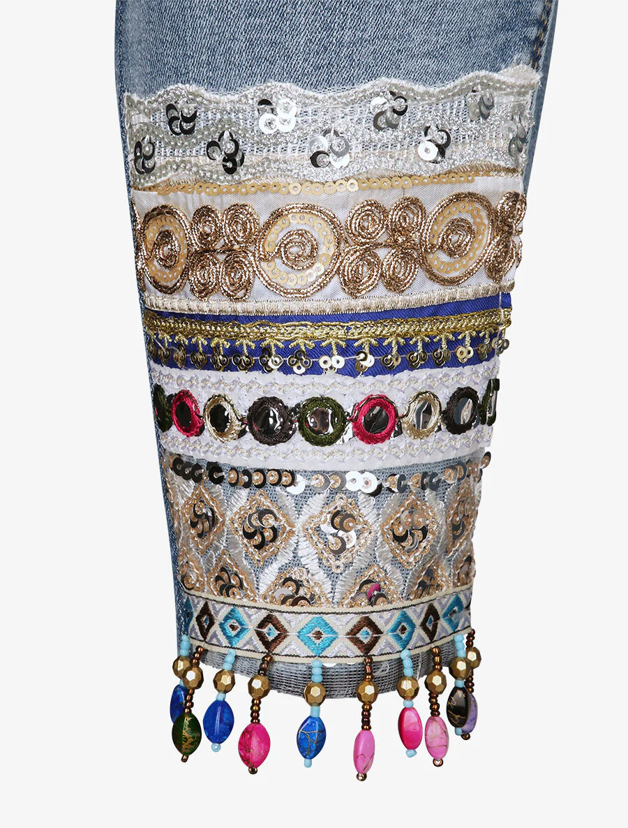 Jean slim hoge taille borduurwerk en parels - Blauw - Image 3