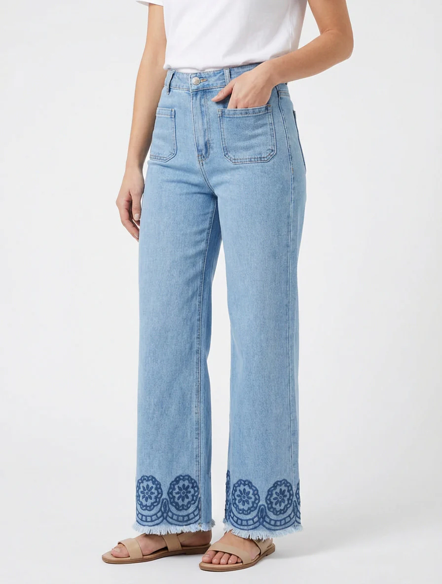 Jeans met borduursels en opgestikte zakken - Blauw - Image 4