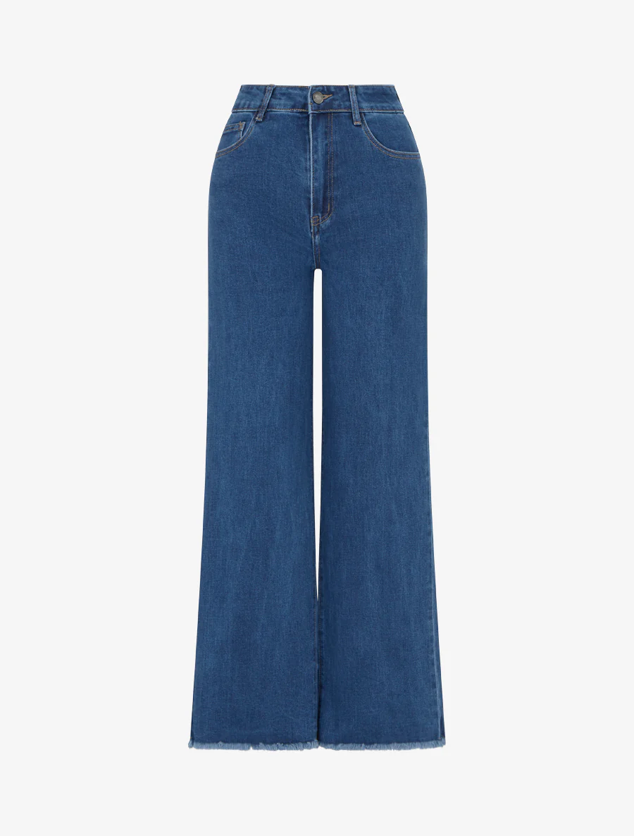 Jeans met hoge taille en rafelige randen. - Blauw