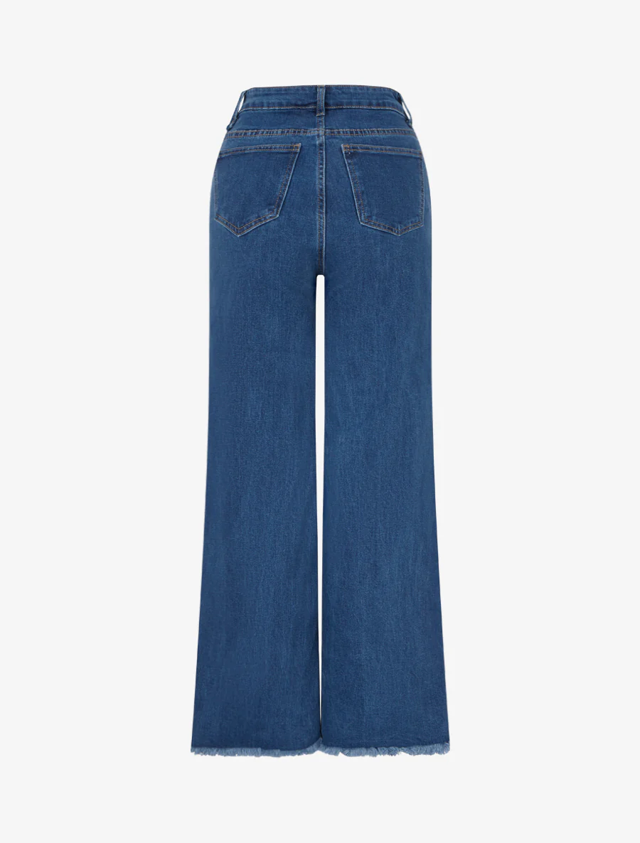 Jeans met hoge taille en rafelige randen. - Blauw - Image 2