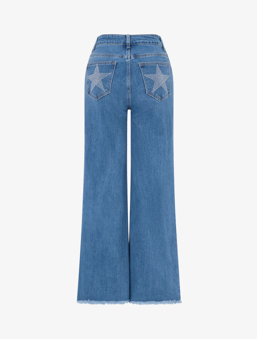 Jeans met wijde pijpen en met sterrenversierde zakken - Blauw - Image 2